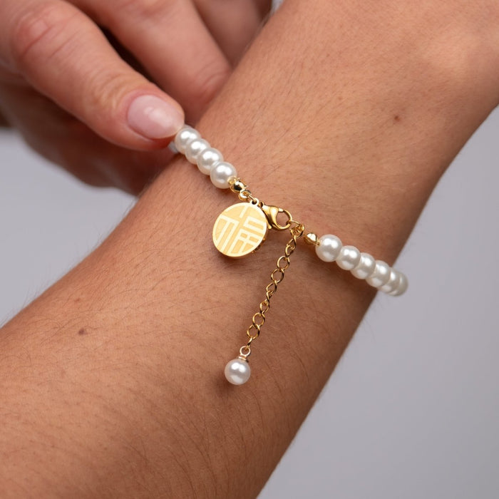 Women's Stainless Steel 18K Gold-Plated Pearl Bracelet – with Charm, Dainty – Meiva bracelet view 7