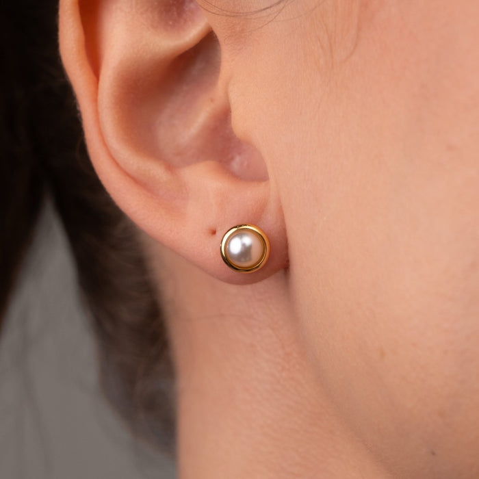Women's Stainless Steel 18K Gold-Plated Pearl Earrings – Solitaire – Meiva earrings view 2