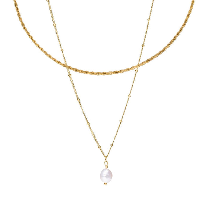 Women's Stainless Steel 18K Gold-Plated Pearl Necklace – Everyday Mix Double, Dainty – Meiva necklace