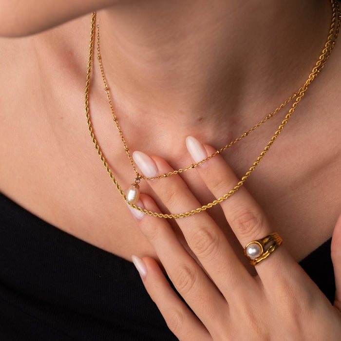 Women's Stainless Steel 18K Gold-Plated Pearl Necklace – Everyday Mix Double, Dainty – Meiva necklace view 2