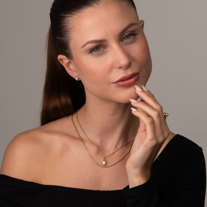 Women's Stainless Steel 18K Gold-Plated Pearl Necklace – Everyday Mix Double, Dainty – Meiva necklace view 3