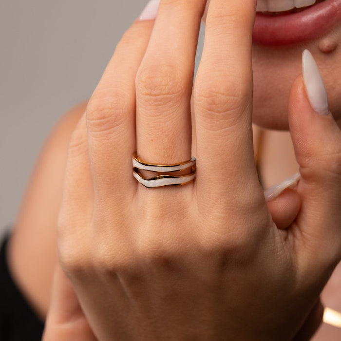 Women's Stainless Steel 18K Gold-Plated Pearl Ring – Abstract Mother-of- Adjustable – Meiva ring view 5