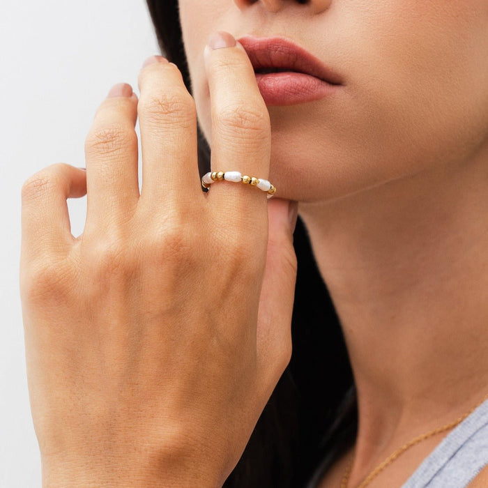 Women's Stainless Steel 18K Gold-Plated Pearl Ring – Dress – Meiva ring view 2