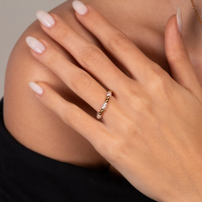 Women's Stainless Steel 18K Gold-Plated Pearl Ring – Dress – Meiva ring view 3