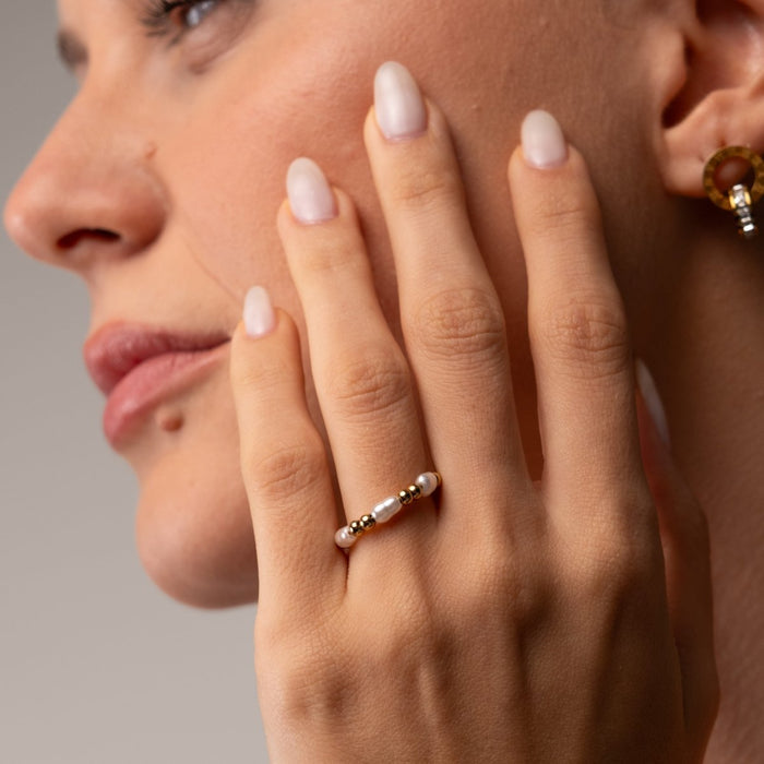 Women's Stainless Steel 18K Gold-Plated Pearl Ring – Dress – Meiva ring view 5