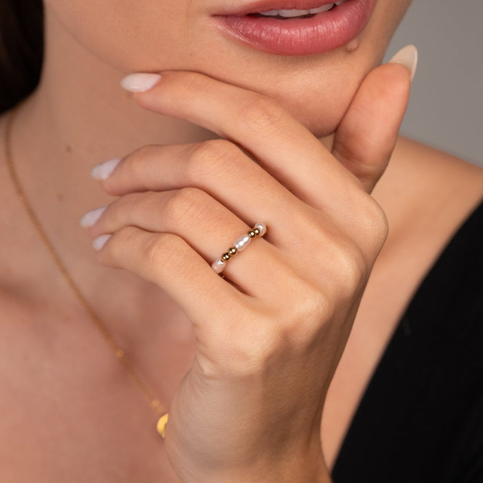 Women's Stainless Steel 18K Gold-Plated Pearl Ring – Dress – Meiva ring view 7