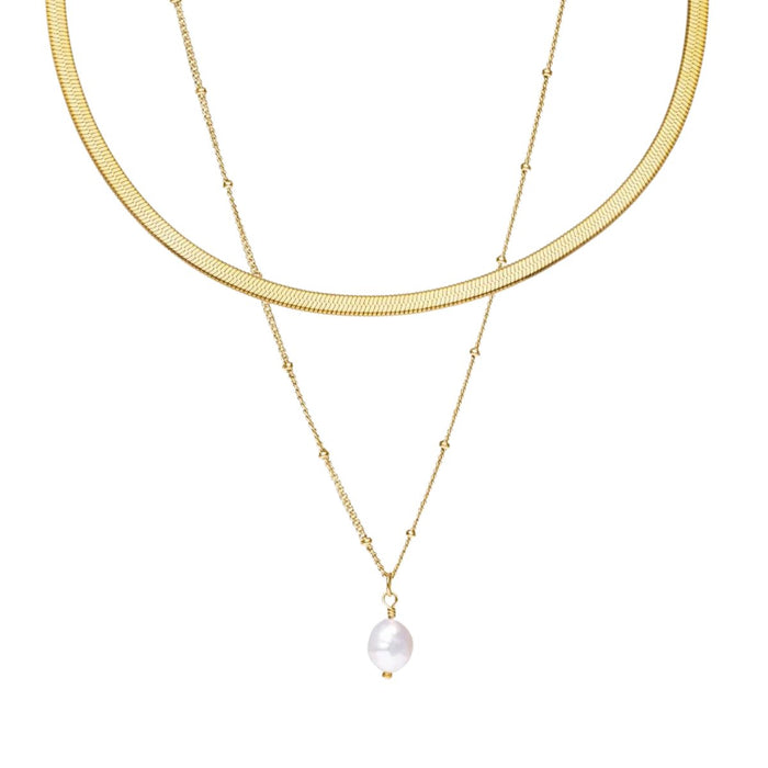 Women's Stainless Steel 18K Gold-Plated Pearl Set – Necklace Shine Double, Layered – Meiva set