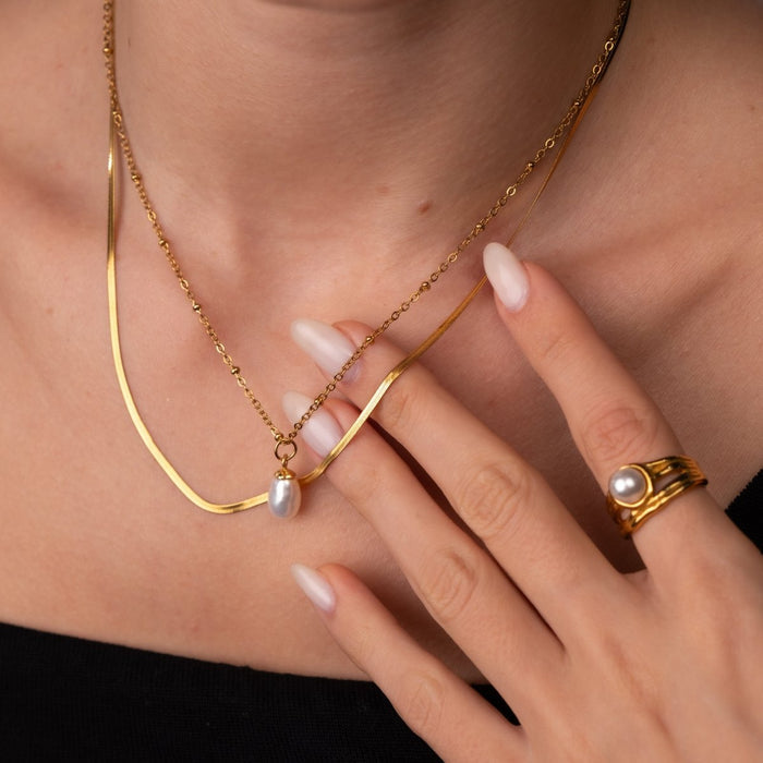 Women's Stainless Steel 18K Gold-Plated Pearl Set – Necklace Shine Double, Layered – Meiva set view 3