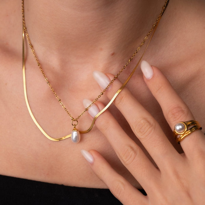 Women's Stainless Steel 18K Gold-Plated Pearl Set – Necklace Shine Double, Layered – Meiva set view 4
