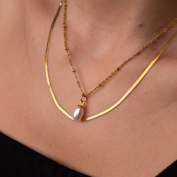 Women's Stainless Steel 18K Gold-Plated Pearl Set – Necklace Shine Double, Layered – Meiva set view 6