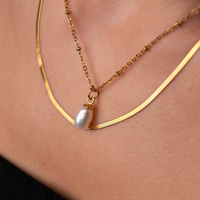 Women's Stainless Steel 18K Gold-Plated Pearl Set – Necklace Shine Double, Layered – Meiva set view 7