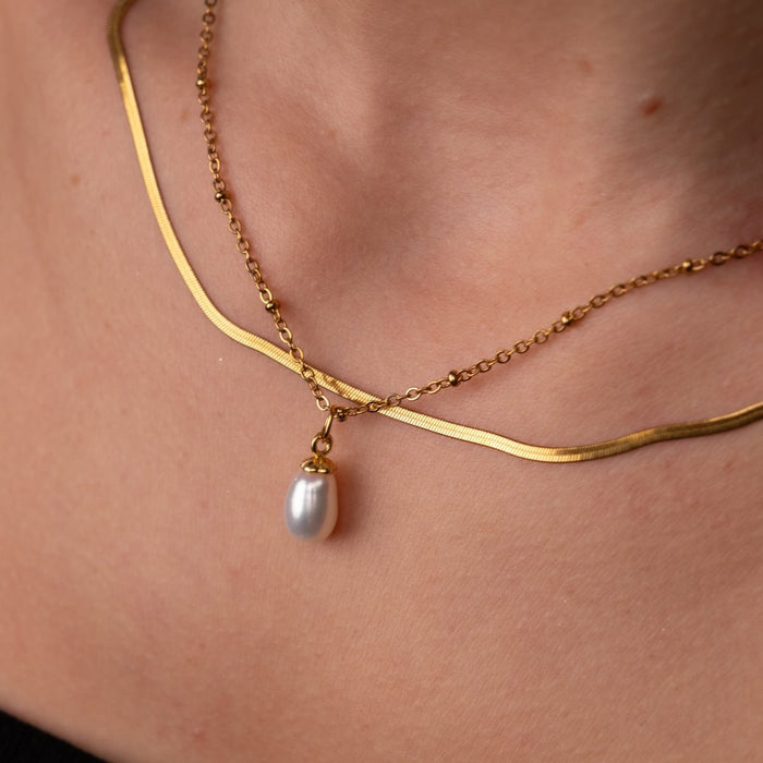 Women's Stainless Steel 18K Gold-Plated Pearl Set – Necklace Shine Double, Layered – Meiva set view 8