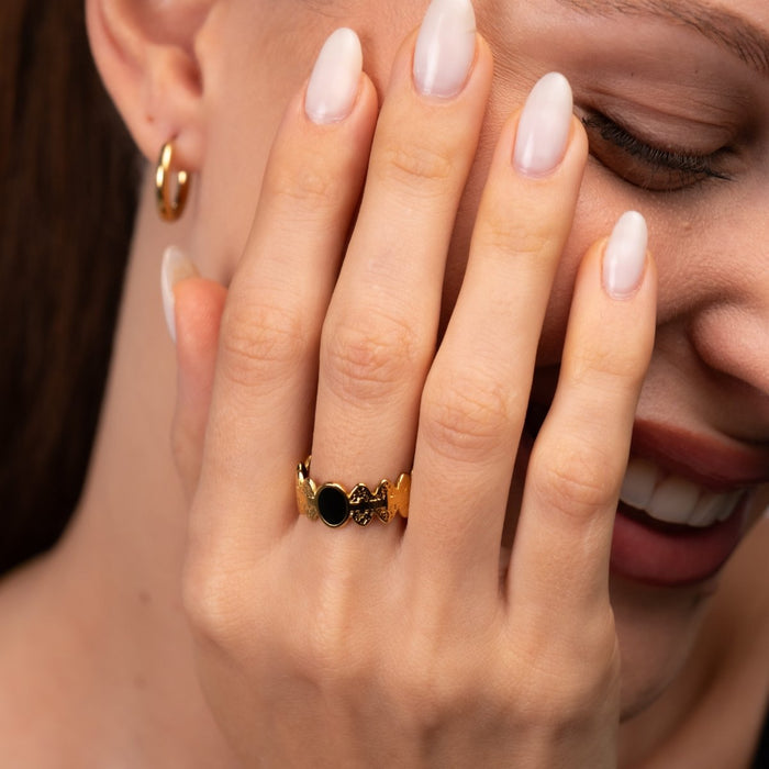 Women's Stainless Steel 18K Gold-Plated Ring – Adjustable Onyx, Statement – Meiva ring view 3