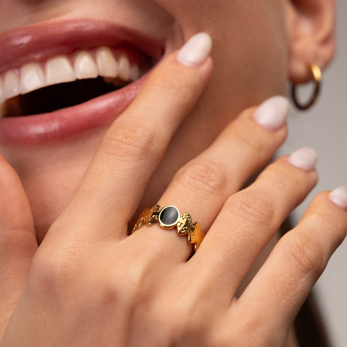Women's Stainless Steel 18K Gold-Plated Ring – Adjustable Onyx, Statement – Meiva ring view 4
