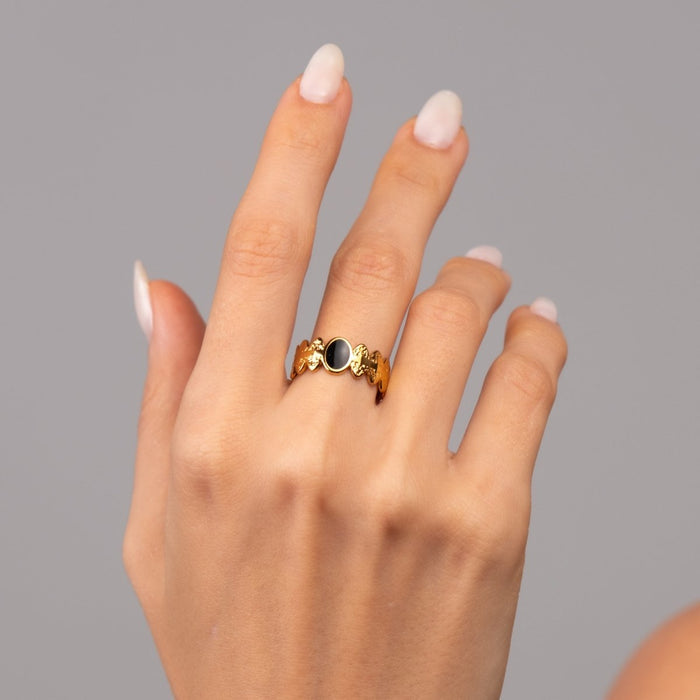 Women's Stainless Steel 18K Gold-Plated Ring – Adjustable Onyx, Statement – Meiva ring view 5