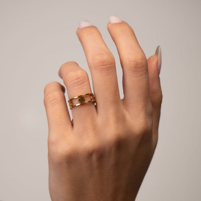 Women's Stainless Steel 18K Gold-Plated Ring – Adjustable Open Clover, Dainty – Meiva ring view 2
