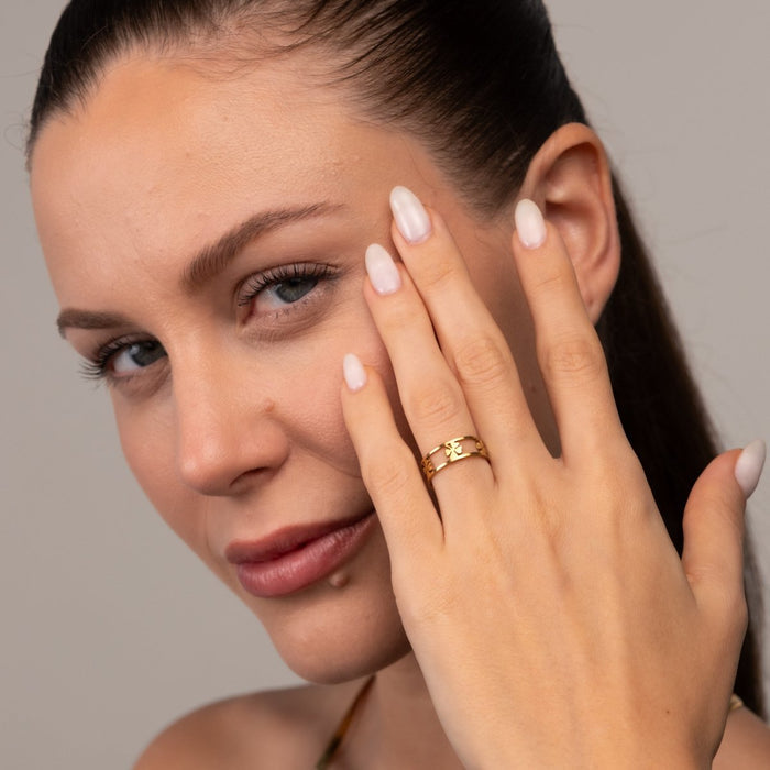 Women's Stainless Steel 18K Gold-Plated Ring – Adjustable Open Clover, Dainty – Meiva ring view 3