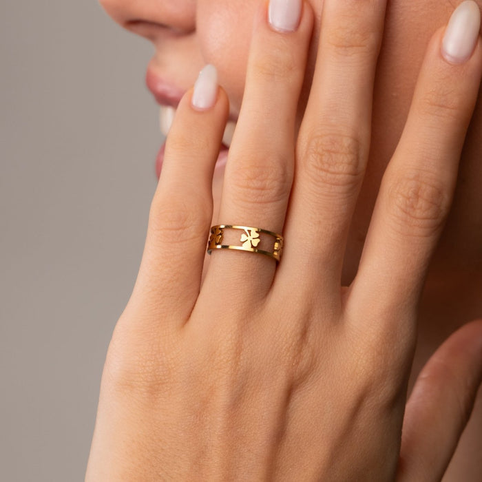 Women's Stainless Steel 18K Gold-Plated Ring – Adjustable Open Clover, Dainty – Meiva ring view 5