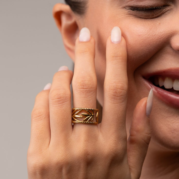 Women's Stainless Steel 18K Gold-Plated Ring – Botanical Adjustable, Layered – Meiva ring view 3