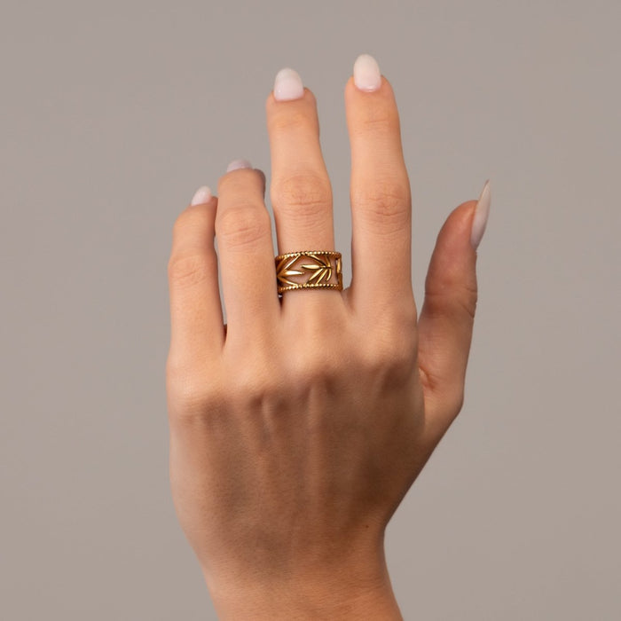 Women's Stainless Steel 18K Gold-Plated Ring – Botanical Adjustable, Layered – Meiva ring view 4