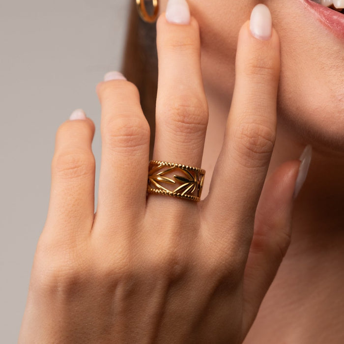 Women's Stainless Steel 18K Gold-Plated Ring – Botanical Adjustable, Layered – Meiva ring view 5
