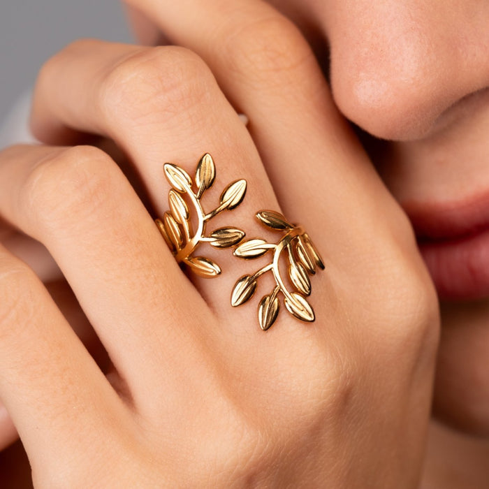 Women's Stainless Steel 18K Gold-Plated Ring – Branch Adjustable, Dainty – Meiva ring view 2