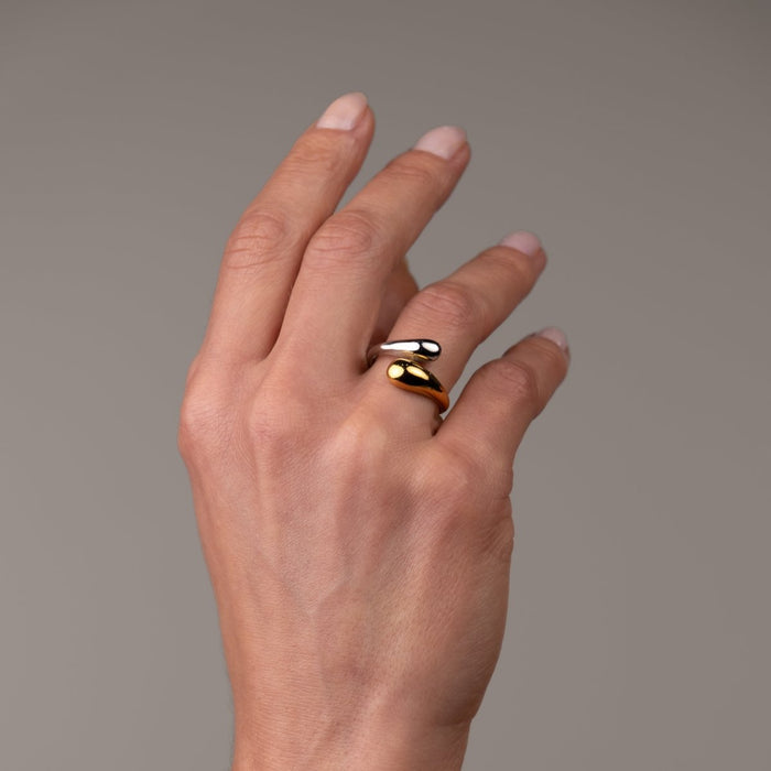 Women's Stainless Steel 18K Gold-Plated Ring – Drop Adjustable Two-Tone Gold and Silver, Dainty – Meiva ring view 2