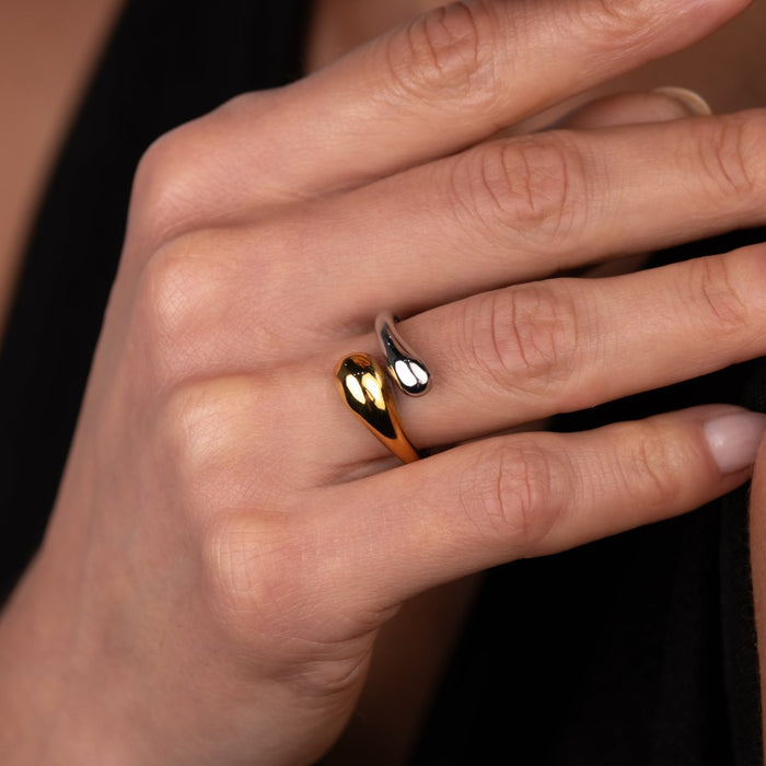 Women's Stainless Steel 18K Gold-Plated Ring – Drop Adjustable Two-Tone Gold and Silver, Dainty – Meiva ring view 3