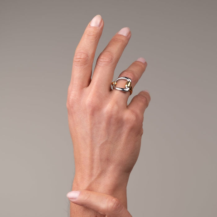 Women's Stainless Steel 18K Gold-Plated Ring – Duo Link Adjustable Two-Tone Gold and Silver, Statement – Meiva ring view 2