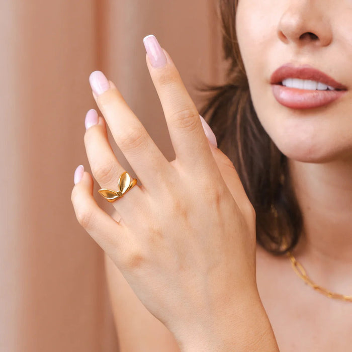 Women's Stainless Steel 18K Gold-Plated Ring – Leaves Adjustable, Dainty – Meiva ring view 5