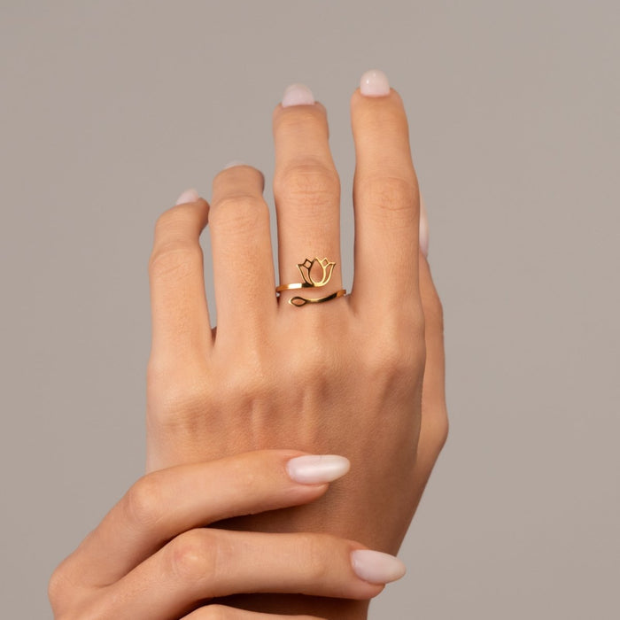 Women's Stainless Steel 18K Gold-Plated Ring – Lotus Flower – Meiva ring view 3