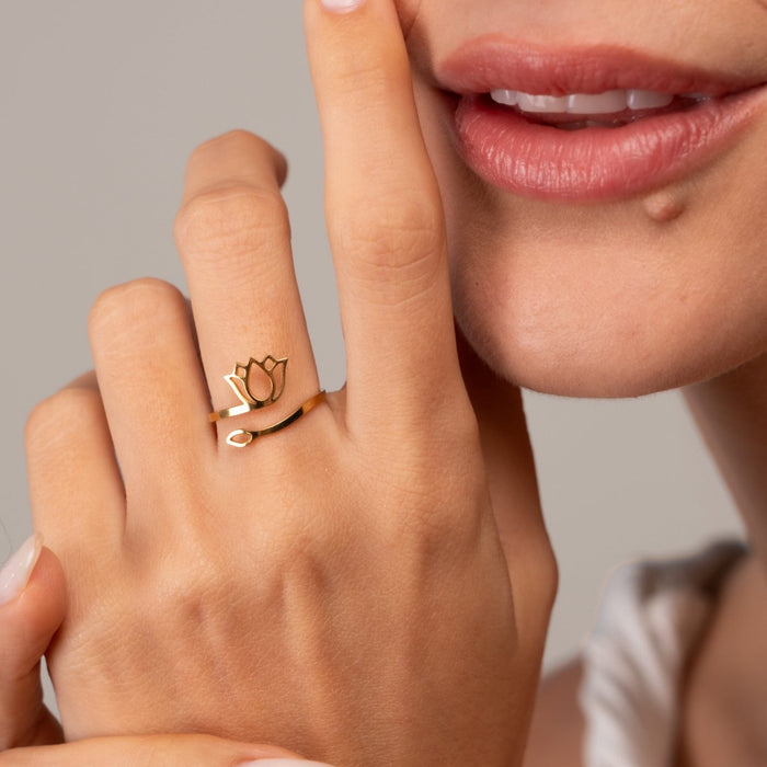 Women's Stainless Steel 18K Gold-Plated Ring – Lotus Flower – Meiva ring view 6