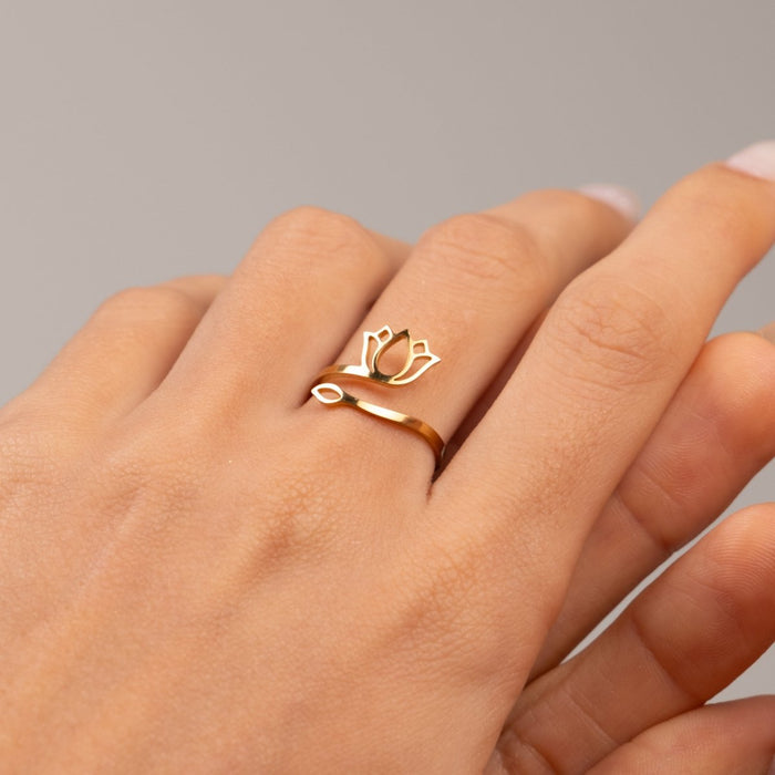 Women's Stainless Steel 18K Gold-Plated Ring – Lotus Flower – Meiva ring view 7