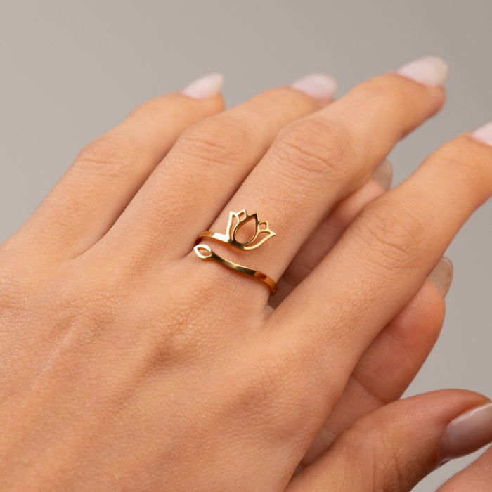 Women's Stainless Steel 18K Gold-Plated Ring – Lotus Flower – Meiva ring view 8