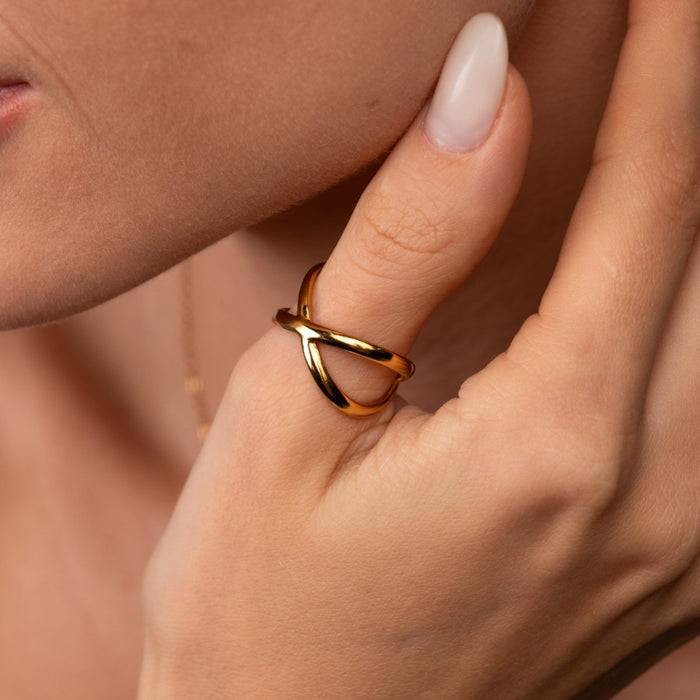 Women's Stainless Steel 18K Gold-Plated Ring – Minimal Crossed Adjustable, Dainty – Meiva ring view 4