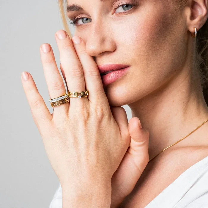 Women's Stainless Steel 18K Gold-Plated Ring – Mosaic – Meiva ring view 2