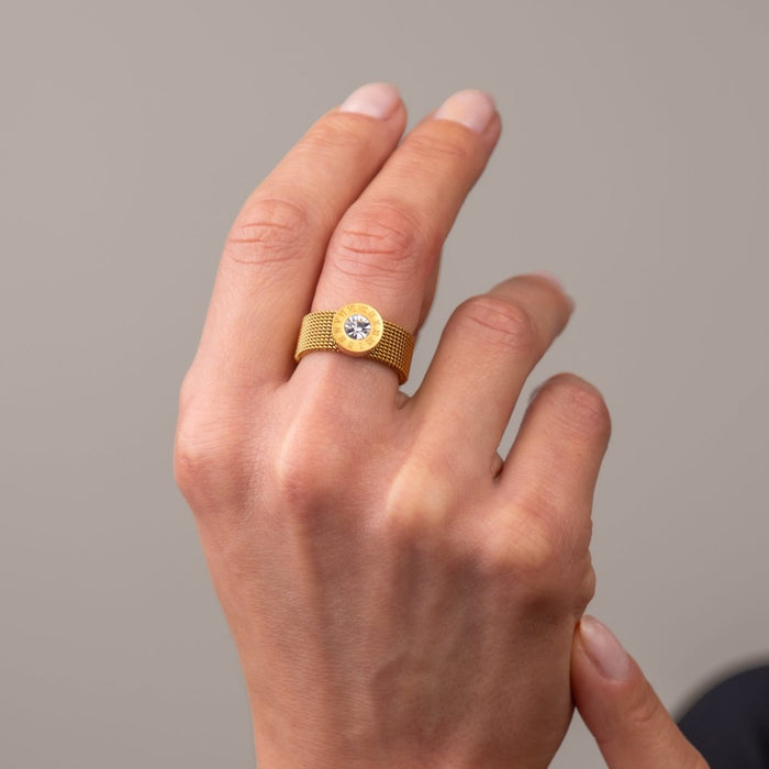 Women's Stainless Steel 18K Gold-Plated Ring – Roman Mesh, Dainty – Meiva ring view 3