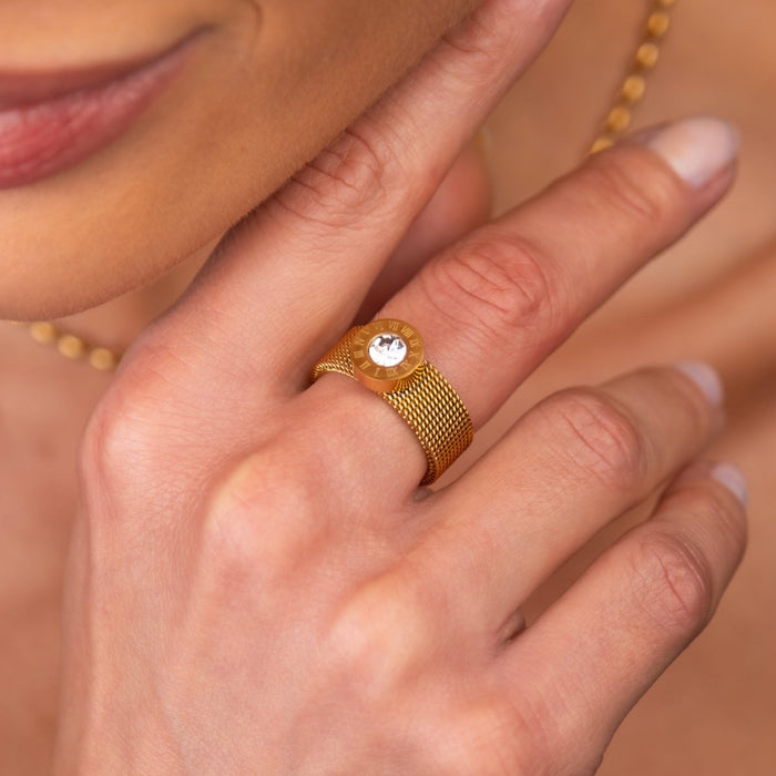 Women's Stainless Steel 18K Gold-Plated Ring – Roman Mesh, Dainty – Meiva ring view 5