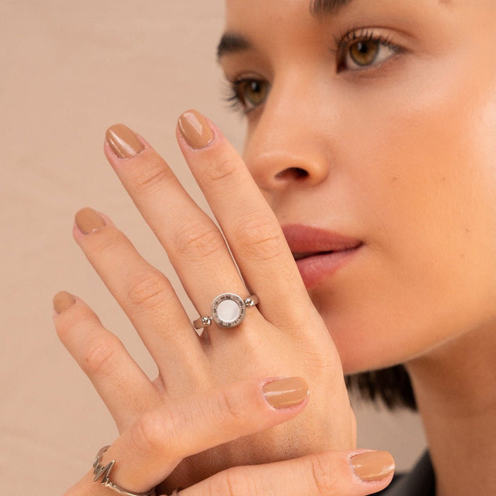 Women's Stainless Steel 18K Gold-Plated Ring – Rotating Roman Numeral Silver – Meiva ring view 4