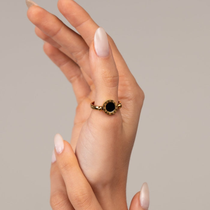Women's Stainless Steel 18K Gold-Plated Ring – Rotating Roman Numeral – Meiva ring view 3