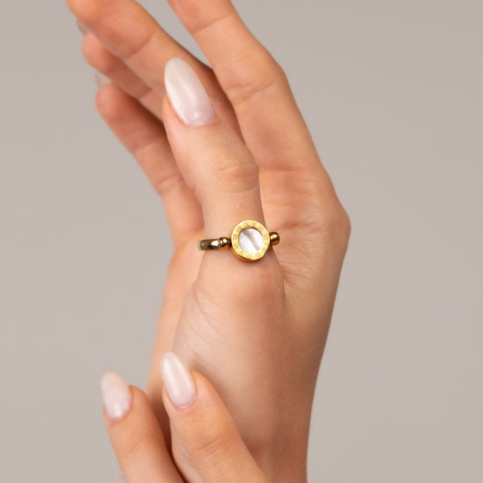 Women's Stainless Steel 18K Gold-Plated Ring – Rotating Roman Numeral – Meiva ring view 4