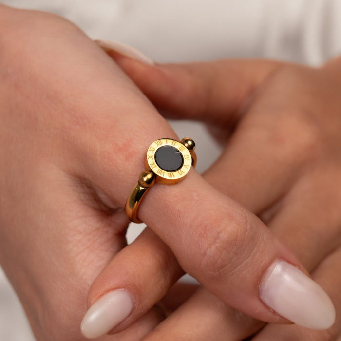 Women's Stainless Steel 18K Gold-Plated Ring – Rotating Roman Numeral – Meiva ring view 5