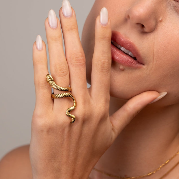 Women's Stainless Steel 18K Gold-Plated Ring – Serpent Adjustable, Statement – Meiva ring view 5