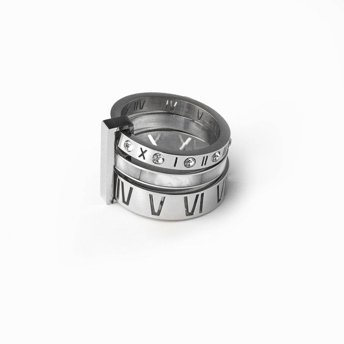 Women's Stainless Steel 18K Gold-Plated Ring – Triple Roman Numeral Silver – Meiva ring