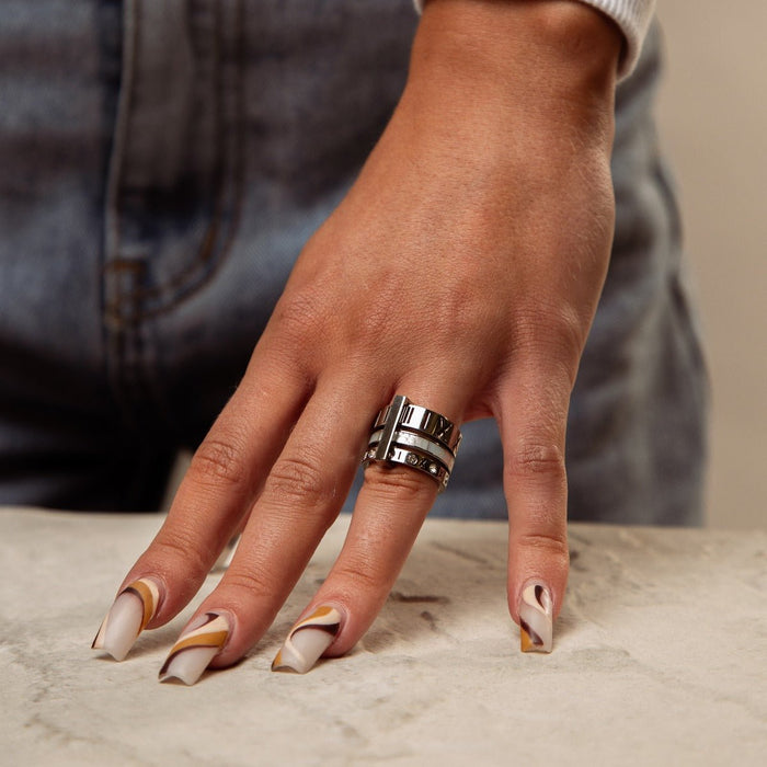 Women's Stainless Steel 18K Gold-Plated Ring – Triple Roman Numeral Silver – Meiva ring view 3