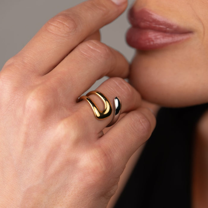 Women's Stainless Steel 18K Gold-Plated Ring – Wave Adjustable Two-Tone Gold and Silver, Dainty – Meiva ring view 3
