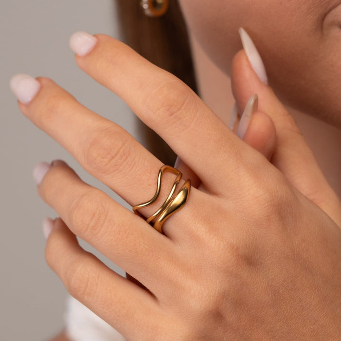 Women's Stainless Steel 18K Gold-Plated Ring – Waves Adjustable, Dainty – Meiva ring view 2