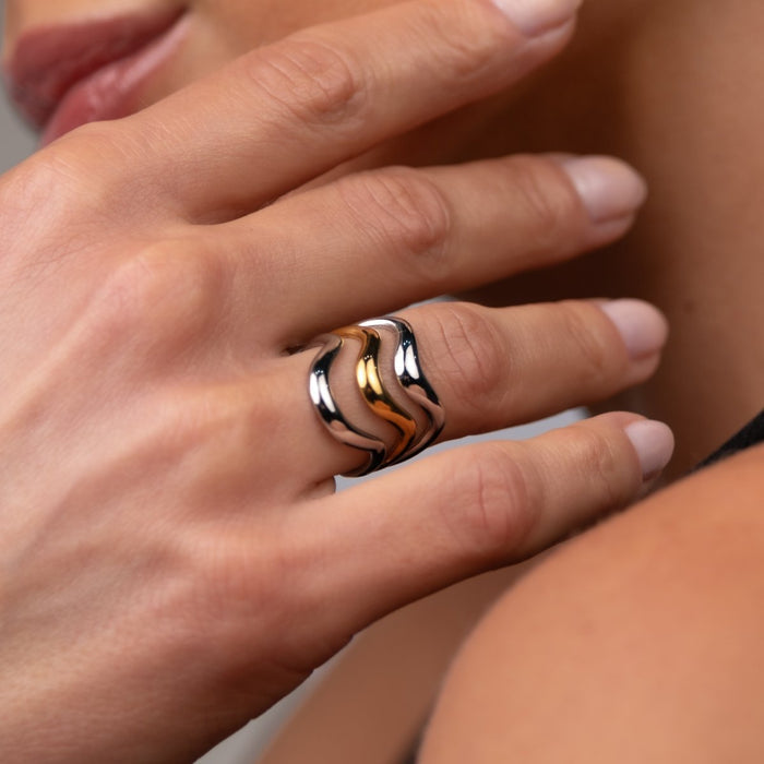 Women's Stainless Steel 18K Gold-Plated Ring – Waves Adjustable Two-Tone Gold and Silver, Layered – Meiva ring view 2