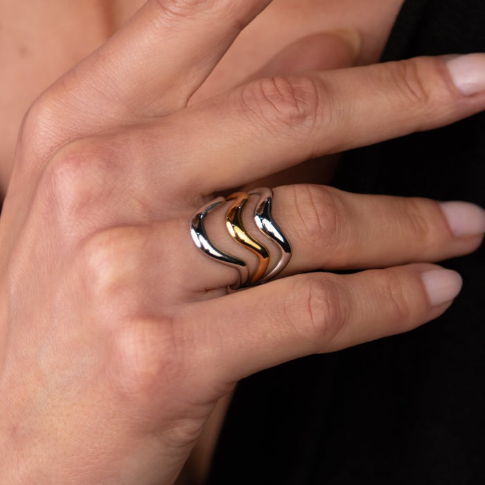 Women's Stainless Steel 18K Gold-Plated Ring – Waves Adjustable Two-Tone Gold and Silver, Layered – Meiva ring view 3
