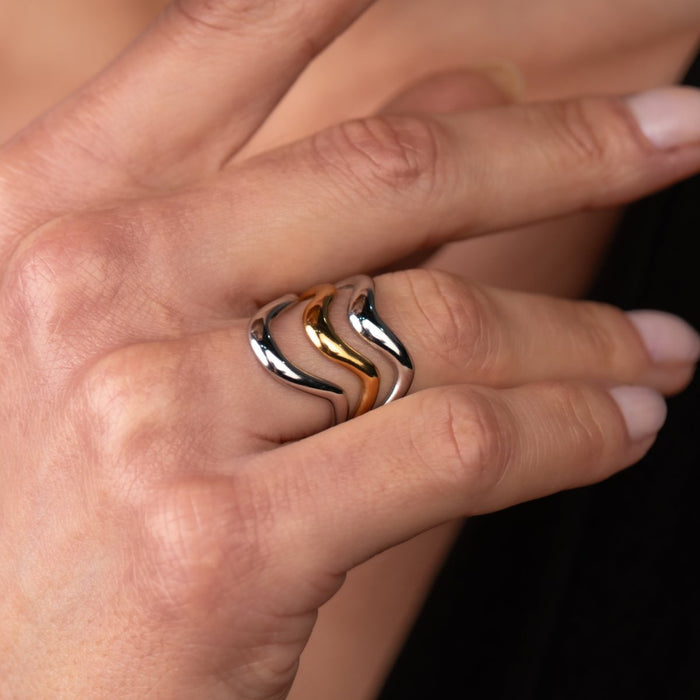 Women's Stainless Steel 18K Gold-Plated Ring – Waves Adjustable Two-Tone Gold and Silver, Layered – Meiva ring view 4